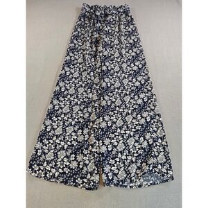 Blue Rain Wide Leg Pants Women XS Navy Blue Floral Elastic Paperbag Waist 14Y757